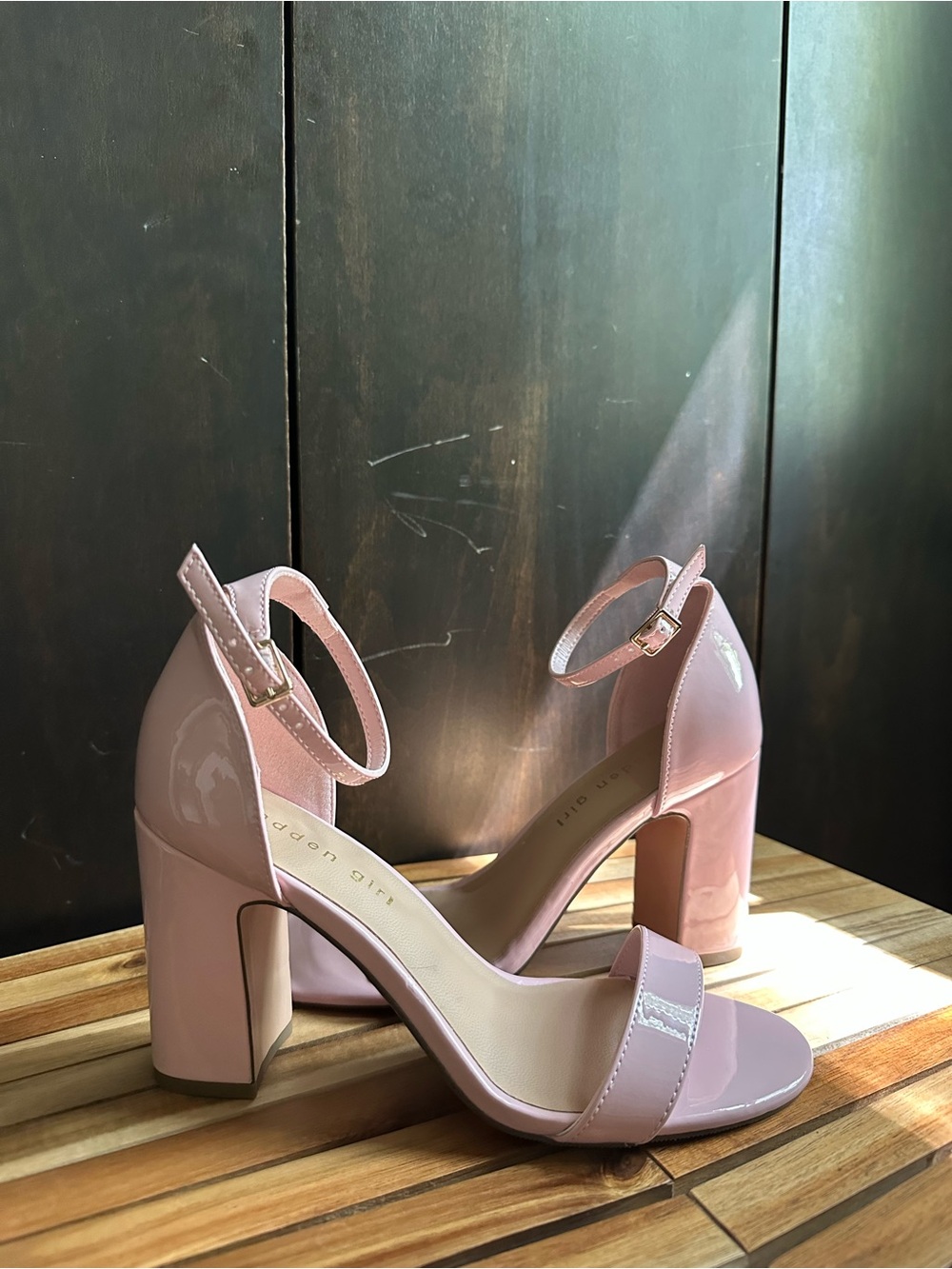 Madden Girl Light Pink Patent Block Heel Ankle Strap Sandals - Picture 3 of 5